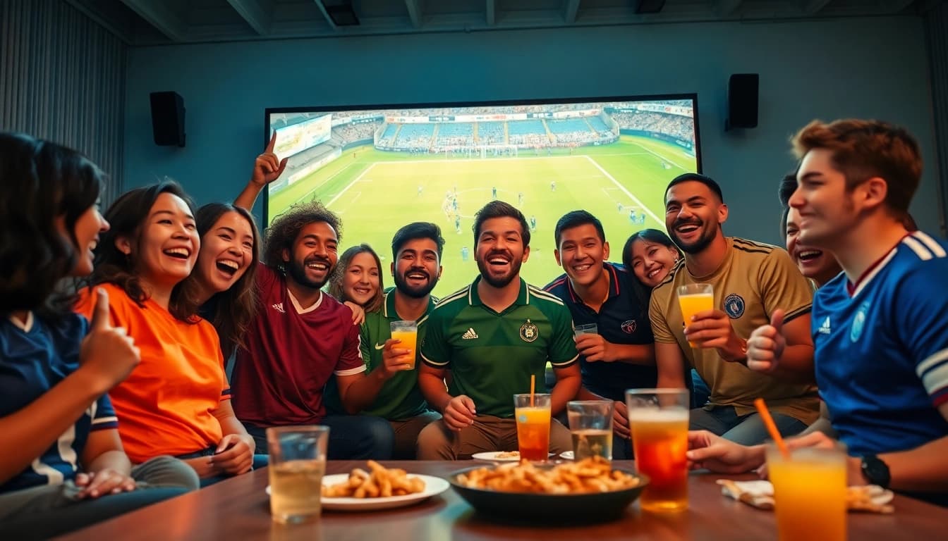 Cakhia tv trực tiếp bóng đá: Fans enjoying a live football match from home together, creating a lively atmosphere.
