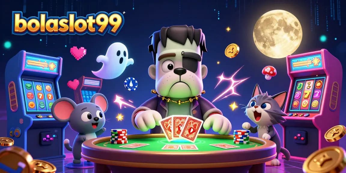Experience thrilling gameplay at bolaslot99 with a vibrant 3D casino scene featuring quirky characters and slot elements.