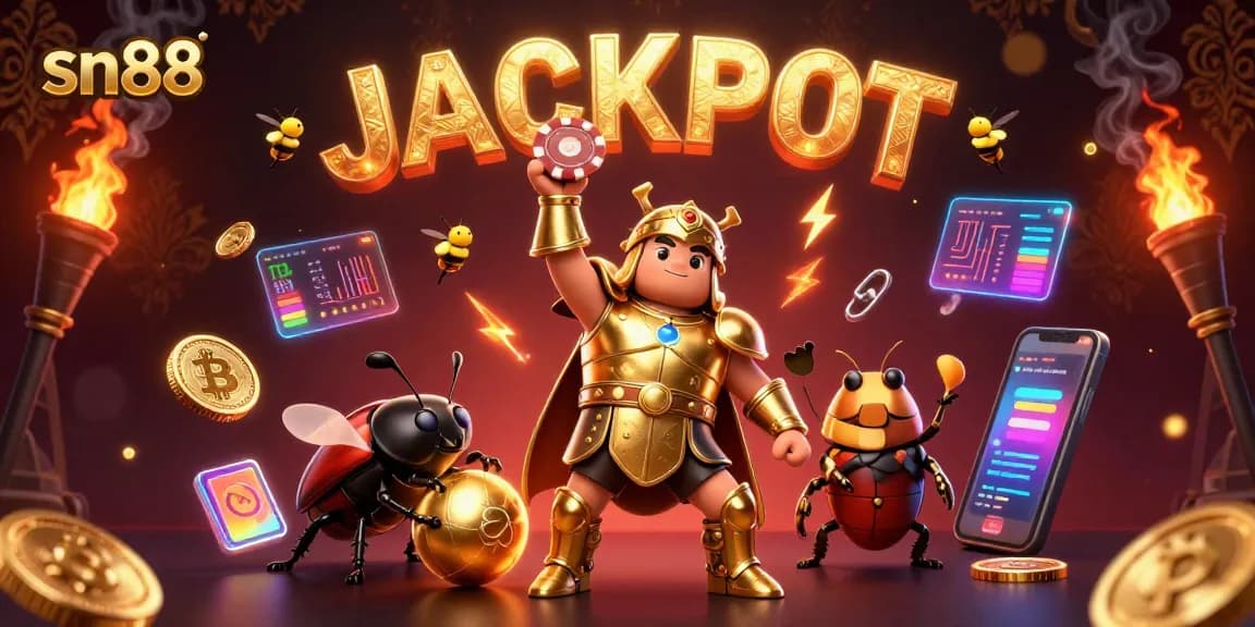 Win big with sn88 in a captivating casino adventure featuring armored beetles and glowing crypto elements.