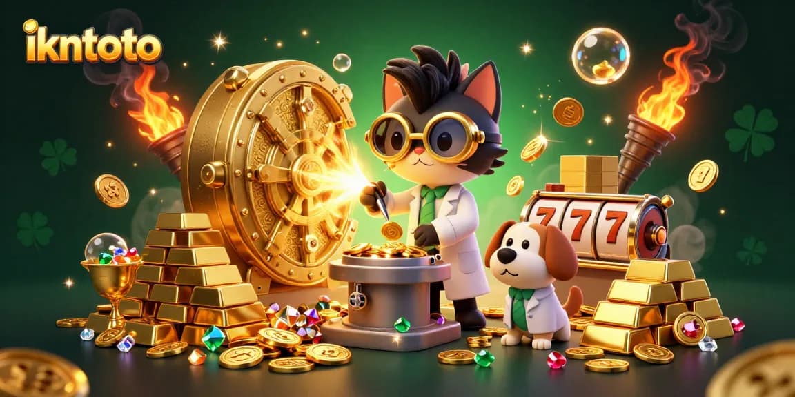 Bet on ikntoto in a vibrant 3D casino scene with mad scientist cat and golden treasure