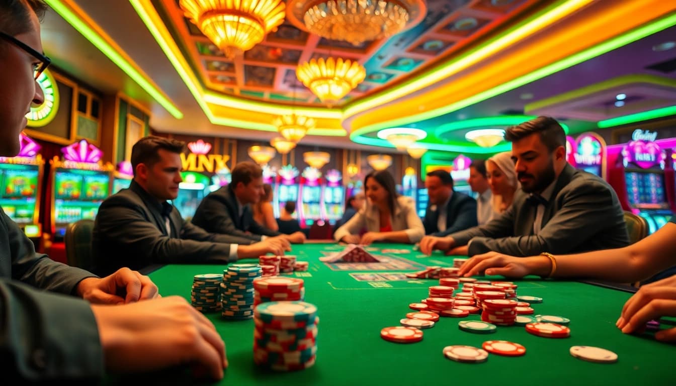 Nemo69 menampilkan aksi pemain kasino yang seru di meja poker yang elegan.