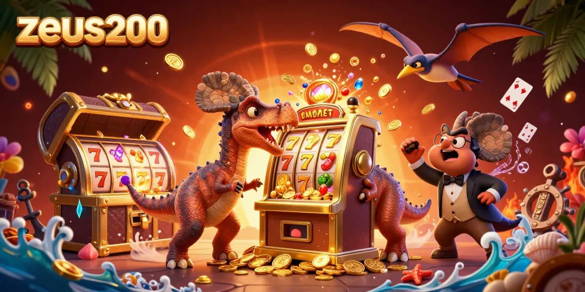 Zeus200 menampilkan kepala pachycephalosaurus menabrak mesin slot emas untuk jackpot, suasana kasino yang ramai.