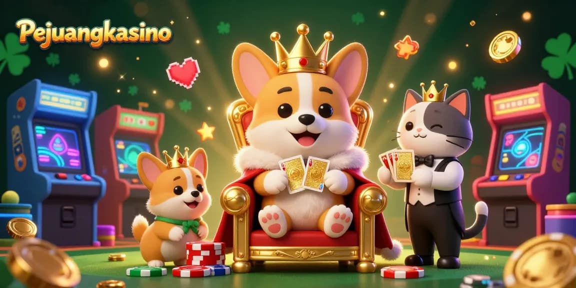 Rasakan sensasi di Pejuangkasino dengan pemandangan takhta royal corgi 3D yang memukau dan rincian permainan interaktif.