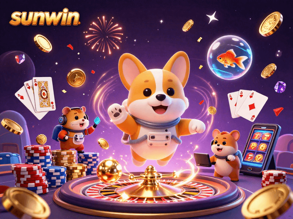 Experience the excitement of sunwin with a lively 3D casino scene featuring unique characters and vibrant gaming elements.
