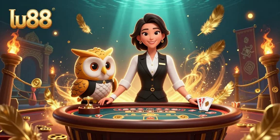 Engage with lu88's immersive baccarat experience featuring a professional dealer and vibrant gaming elements.