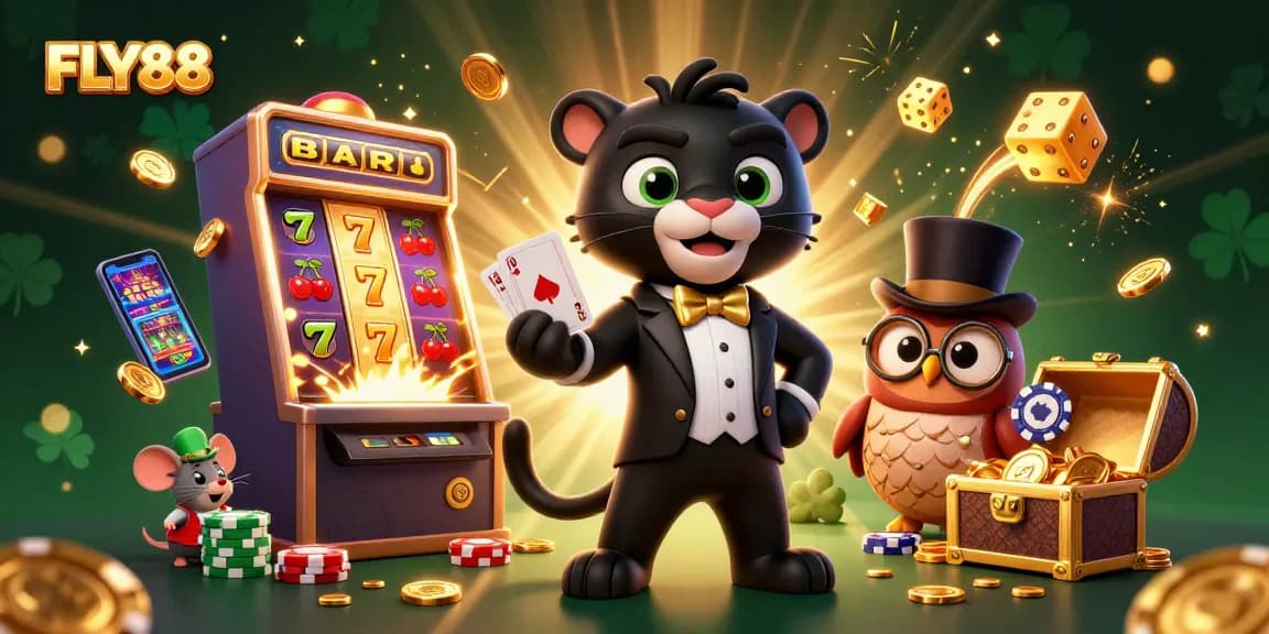 Experience FLY88's vibrant casino world with stylish characters and dazzling slot machine action.