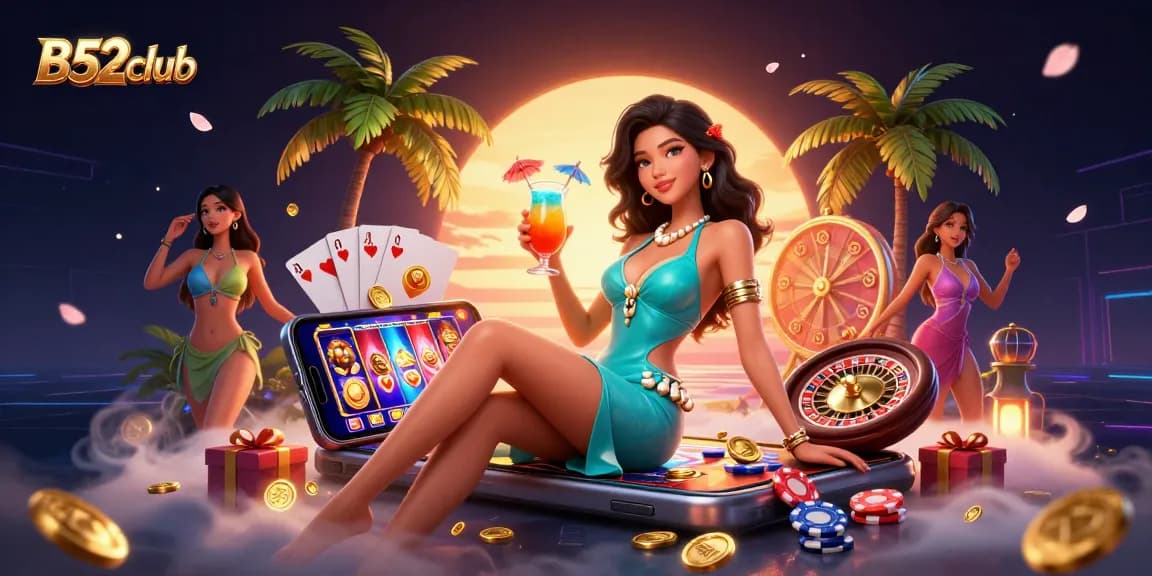 Experience thrilling gameplay at B52club with the stunning Asian casino host amid vibrant gaming elements.