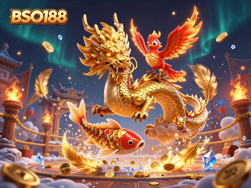 Bet big on opportunities with BSO188, featuring a dragon, phoenix, and koi amidst a vibrant casino scene.