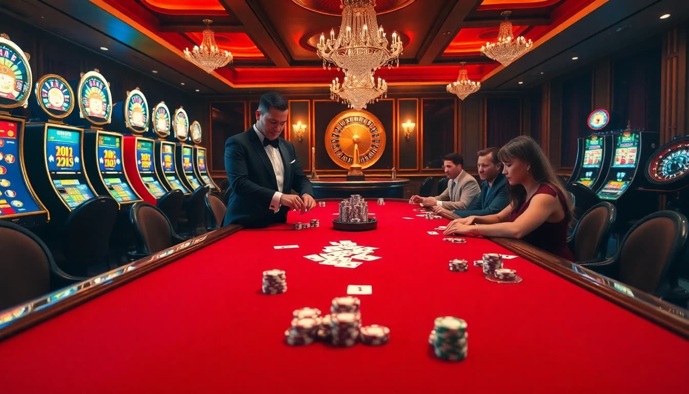 Exciting casino action at jagoan86 with poker chips and players at a vibrant table.