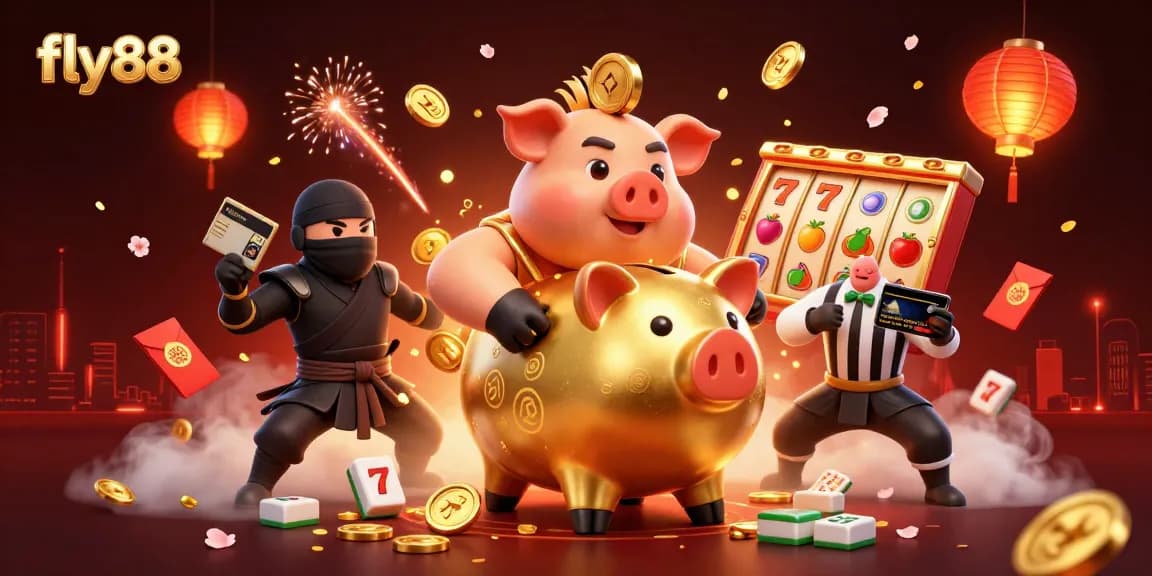 Experience the excitement of fly88 with a golden piggy bank sumo wrestler, floating mahjong tiles, and vibrant casino symbols.