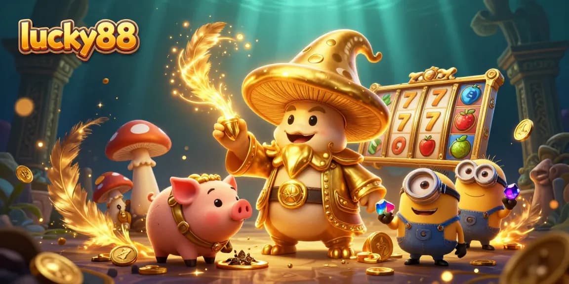 Lucky88 slot wizard scene with a golden mushroom, treasures, and rich gaming elements.