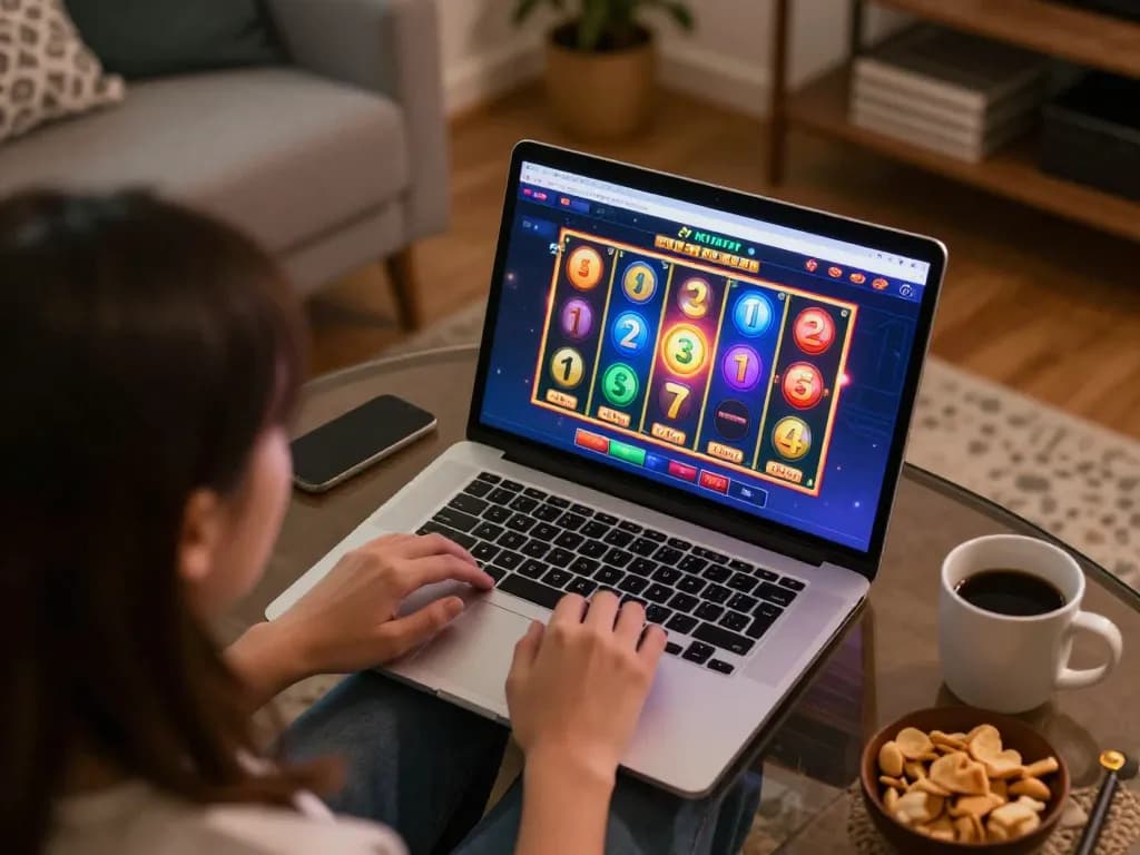 Xibet player enjoying a thrilling online slot game at home, showcasing a vibrant gaming interface and cozy atmosphere.