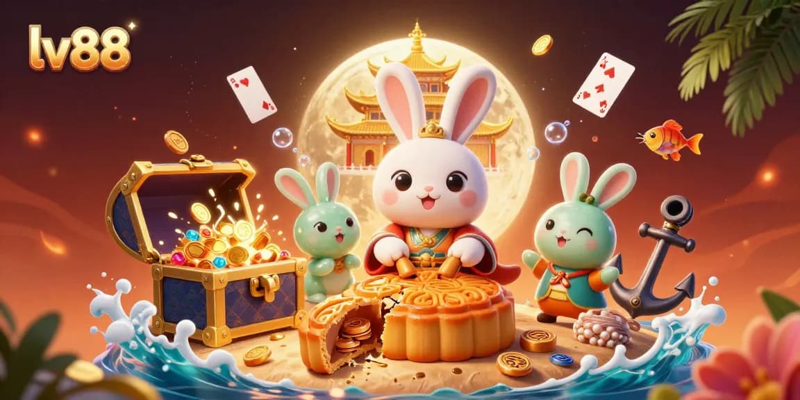 Experience exciting gambling at lv88 with a cartoon moon rabbit and poker chips bursting from mooncakes.