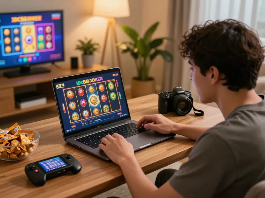 Engaging with IDC88JOKER slot games at home showcasing dynamic online gaming.