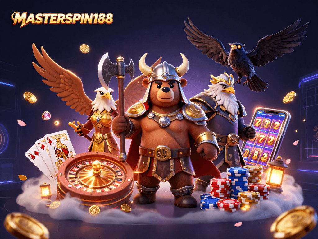 Experience excitement at MASTERSPIN188 with dynamic 3D casino gaming elements in an epic scene.