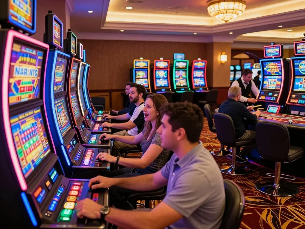 Players enjoying slot gacor action on a lively casino floor filled with colorful machines.