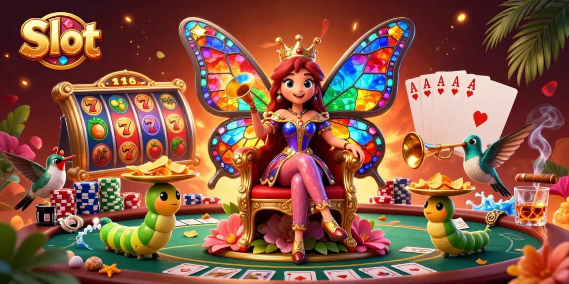 Experience vibrant Slot excitement with a butterfly queen and dynamic casino elements in a captivating 3D scene.