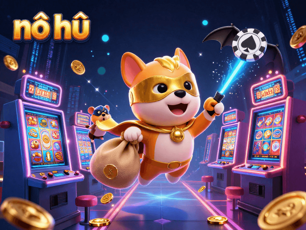 Engage in nổ hũ slots gaming as a superhero dog soars with gold coins amidst vibrant casino elements.