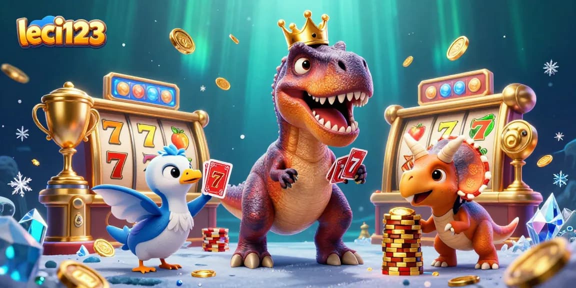 Experience the thrill of leci123 in this vibrant and dynamic casino scene with playful dinosaurs and slot elements.