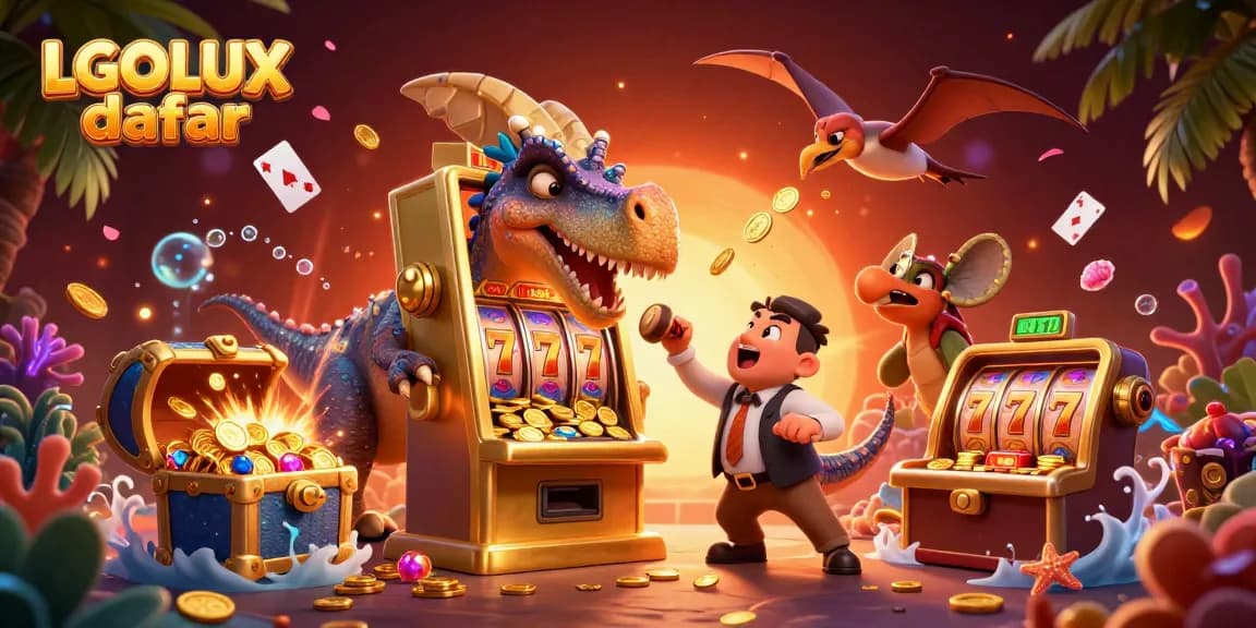 Catch the excitement at LGOLUX daftar with a 3D illustration of a dinosaur jackpot scene.