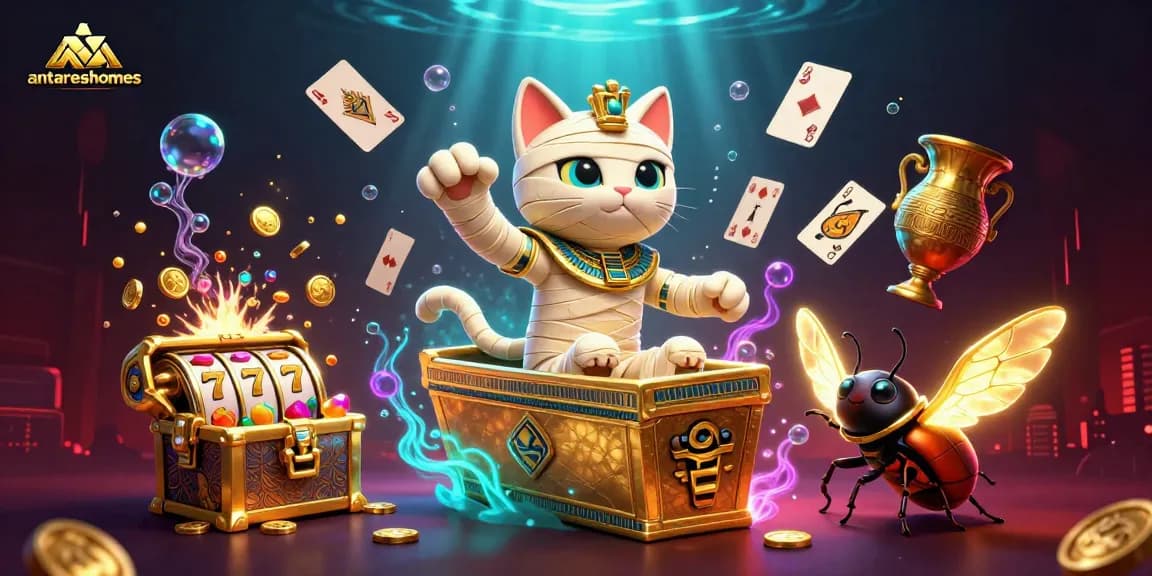 Engage with antareshomes' vibrant interactive casino scene featuring Egyptian-themed characters and slot elements.