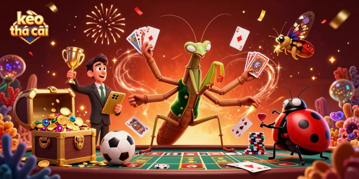 Betting on kèo nhà cái with vibrant casino characters and sports elements in a colorful 3D scene.