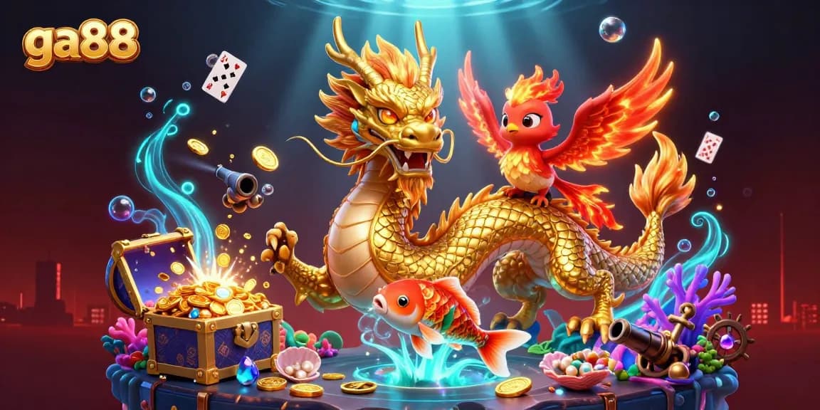 Engage in thrilling gaming at ga88 with 3D visuals featuring a dragon, phoenix, and koi fish.