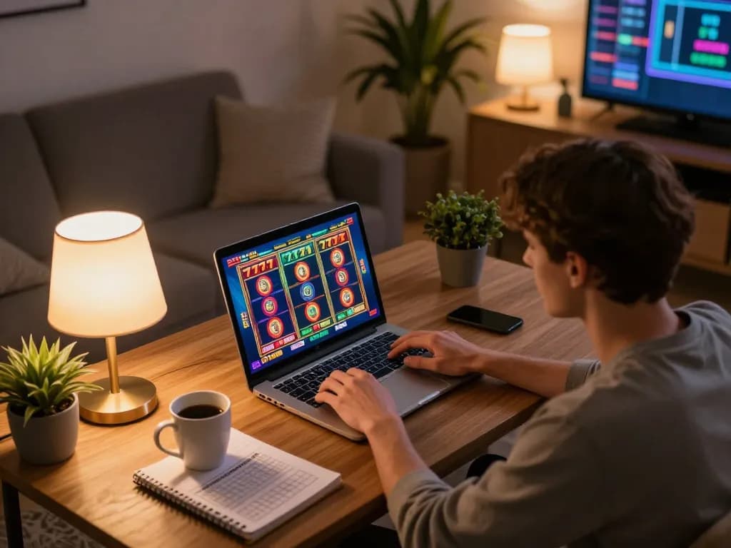 Playing slot777 on a laptop, showcasing an engaging home gaming setup with warm lighting.