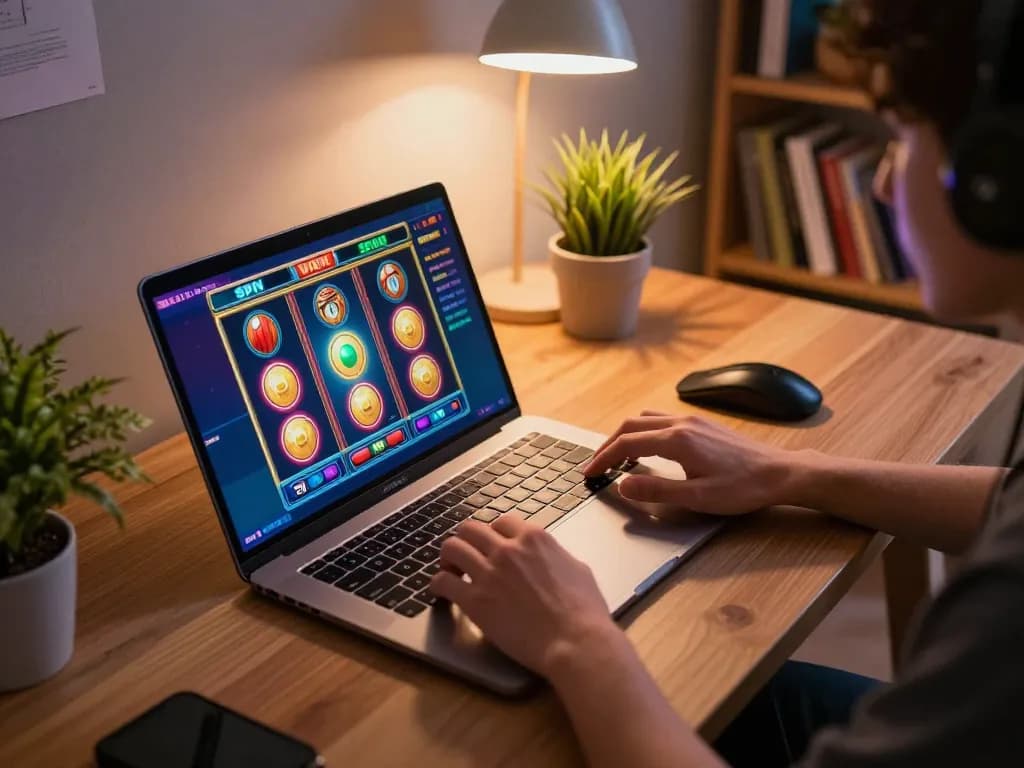 Engaged player using laptop for immersive slot online gaming session at home.