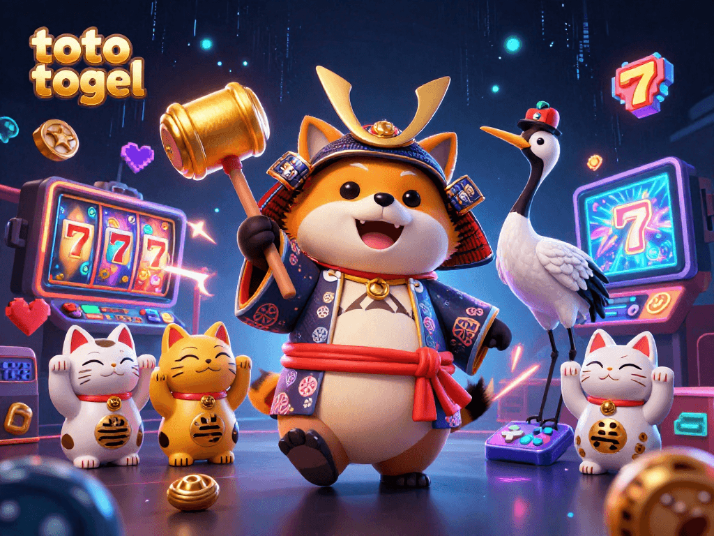 Engage in toto togel action with a cheerful tanuki and colorful gaming elements.