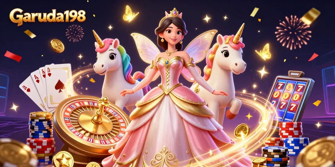 Play casino games at Garuda198 with golden coins, royal flush cards, and vibrant characters.