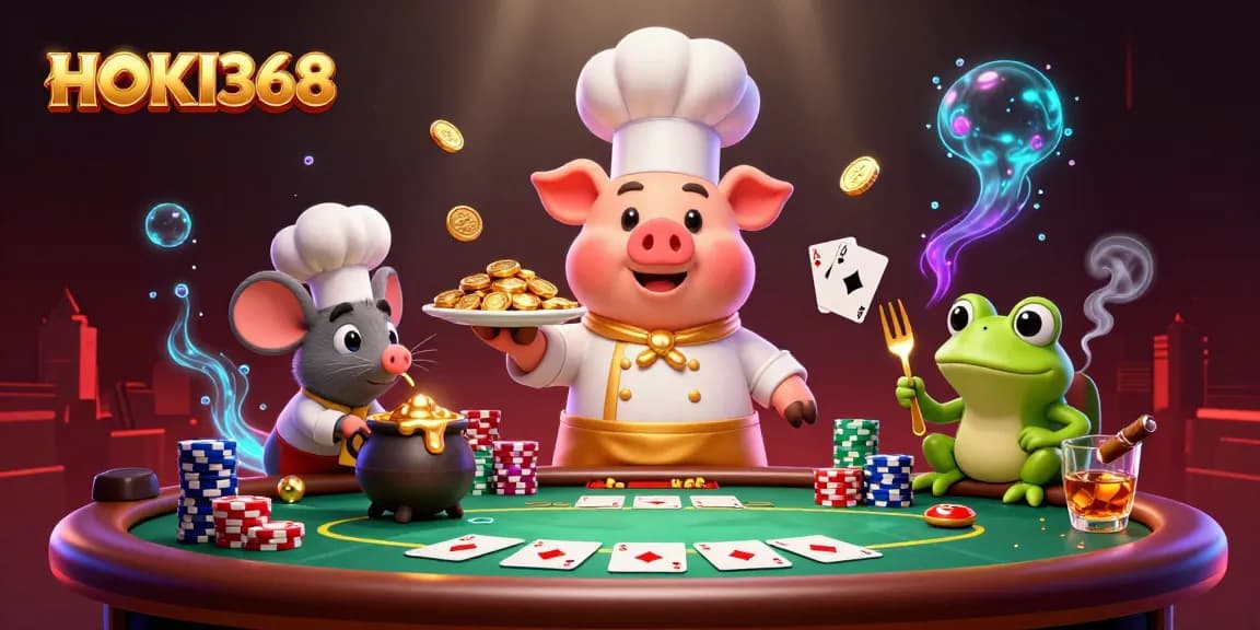 Play and win at HOKI368 with exciting games like poker amidst gold coins and vibrant casino elements.