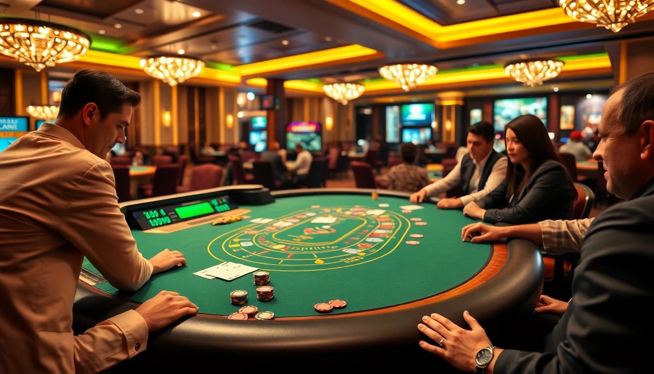 Menangi permainan tkp188 di meja blackjack kasino yang glamor dan energik.
