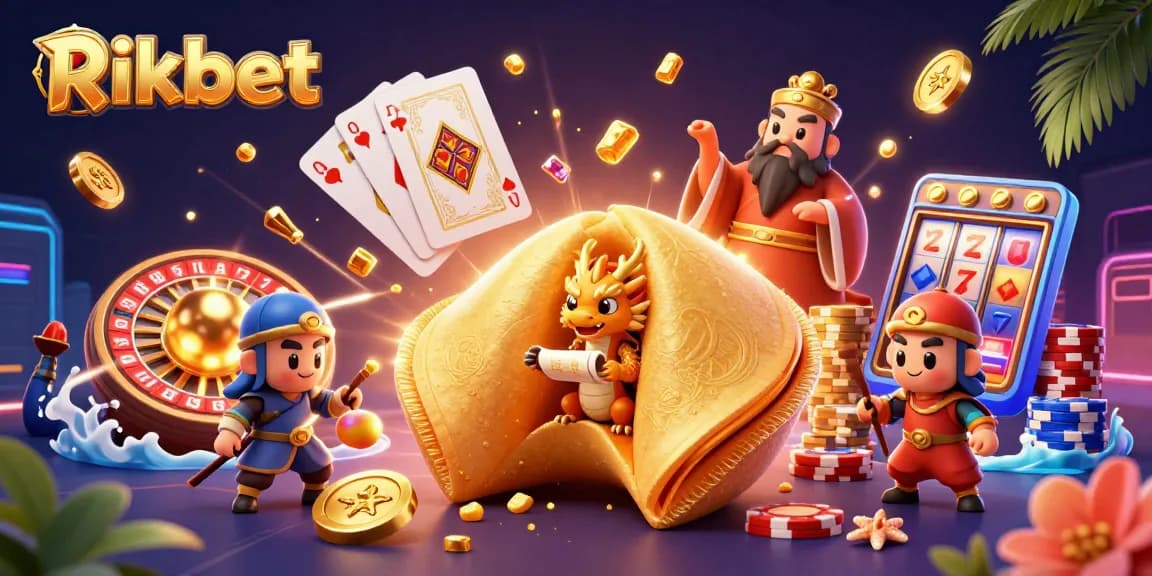 Win at Rikbet with a vibrant 3D casino scene filled with fortune cookies and golden treasures.