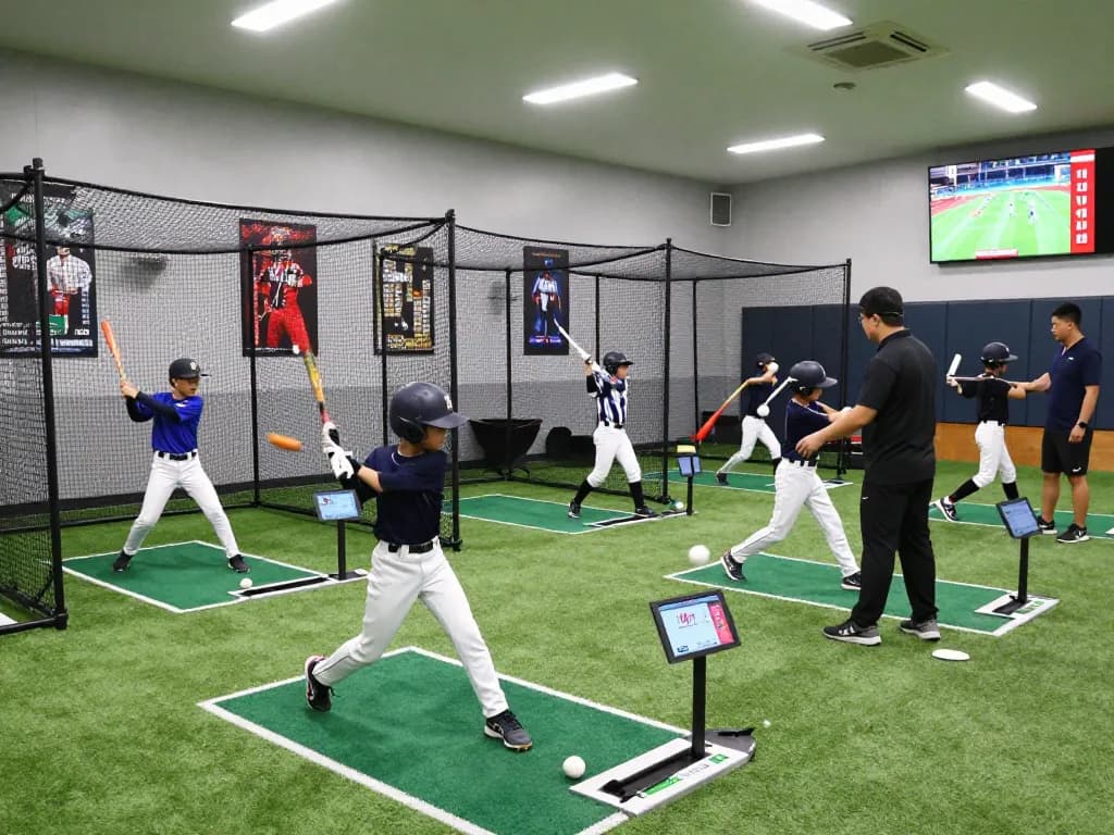 Young athletes training at Hitclub indoor baseball facility with coaches and performance tracking.