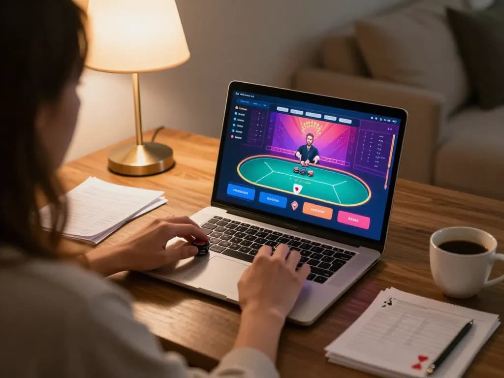 Playing poker on Rikvip's online platform in a cozy home environment with strategy notes