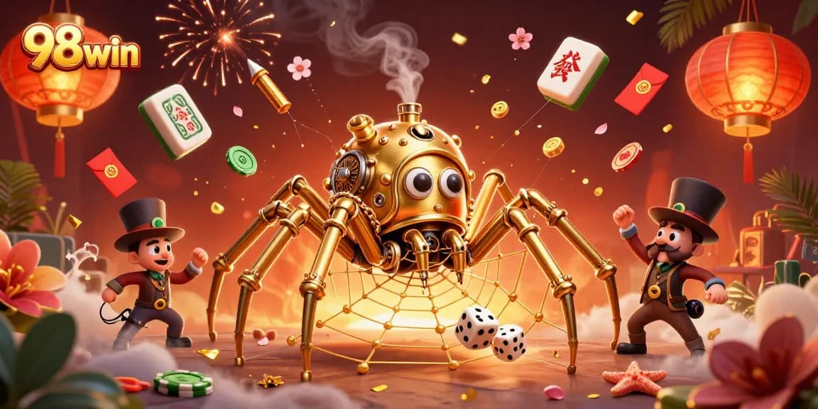 Bet on 98win with dynamic casino elements showcasing a golden steampunk spider and vibrant colors.