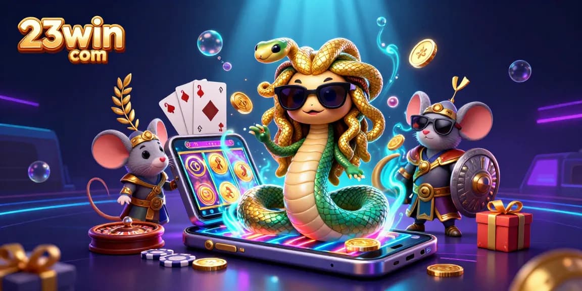 Play at 23win com with Medusa and a warrior mouse in a dynamic casino scene.