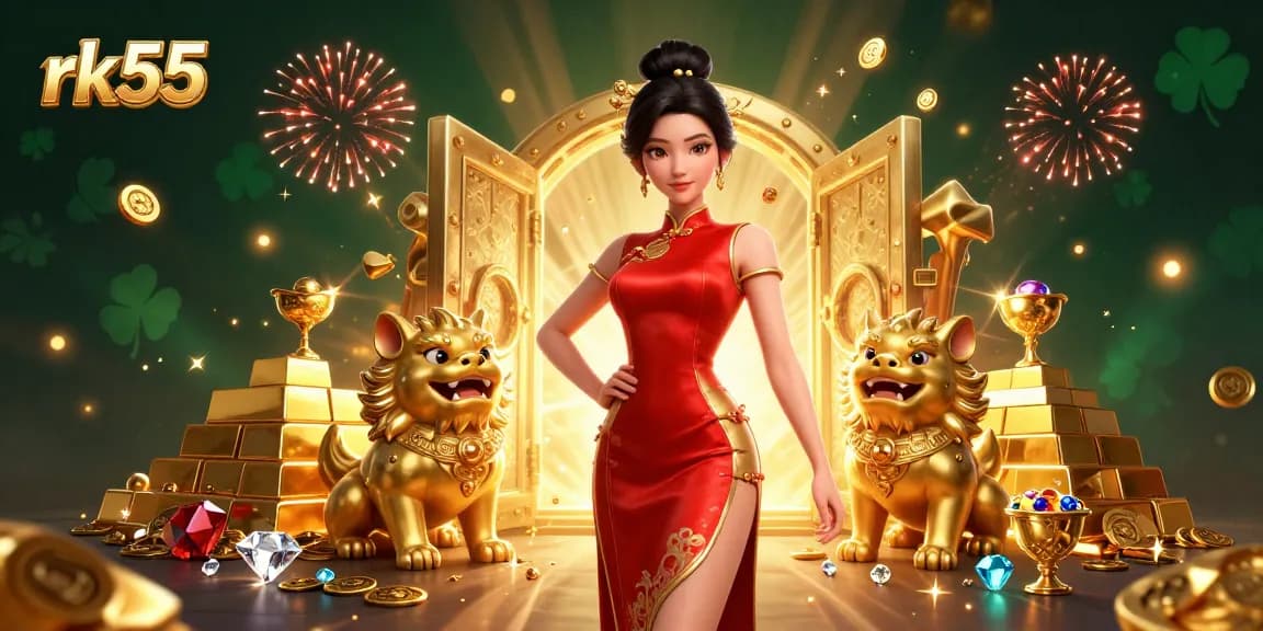 Win big at rk55 with vibrant casino scene featuring a glamorous woman and golden treasures.