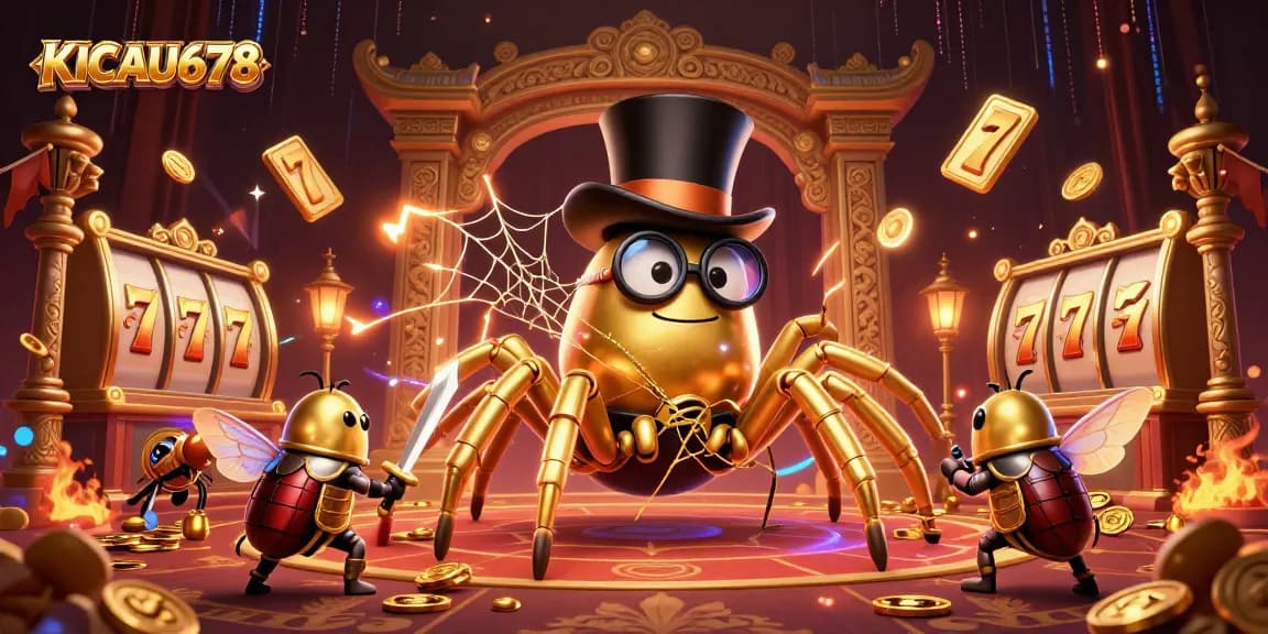 KICAU678 slots action scene with a golden tarantula and beetle knight amidst vibrant gambling elements.