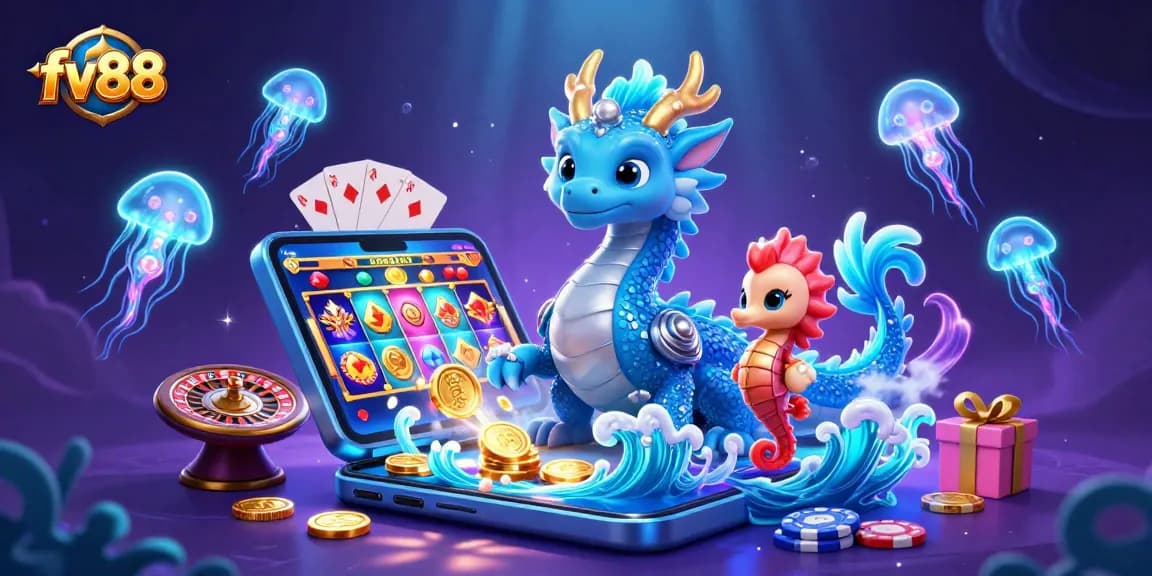 Engage with fv88's vibrant underwater casino realm featuring a dragon and glowing elements.
