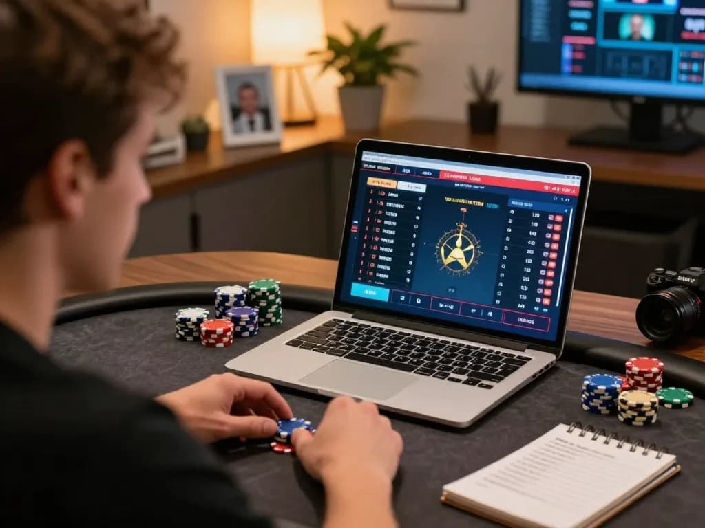 LGO99 player engages in strategic online poker gameplay at home, laptop displaying game details.