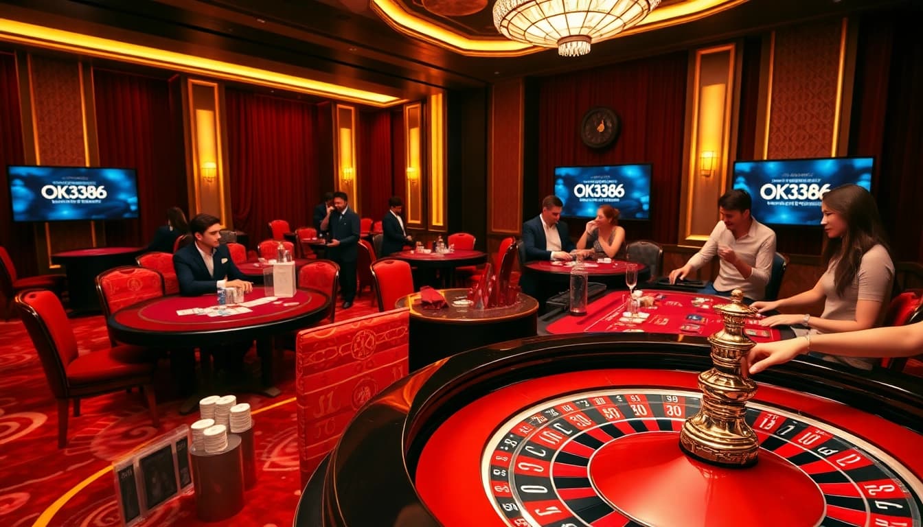 Engaged players enjoying vibrant casino games at OK8386, featuring roulette and cards.