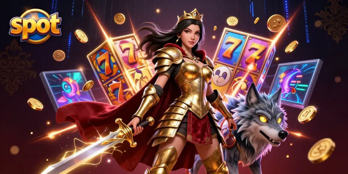 Spin slots with a regal warrior queen and her wolf companion amid vibrant casino elements.