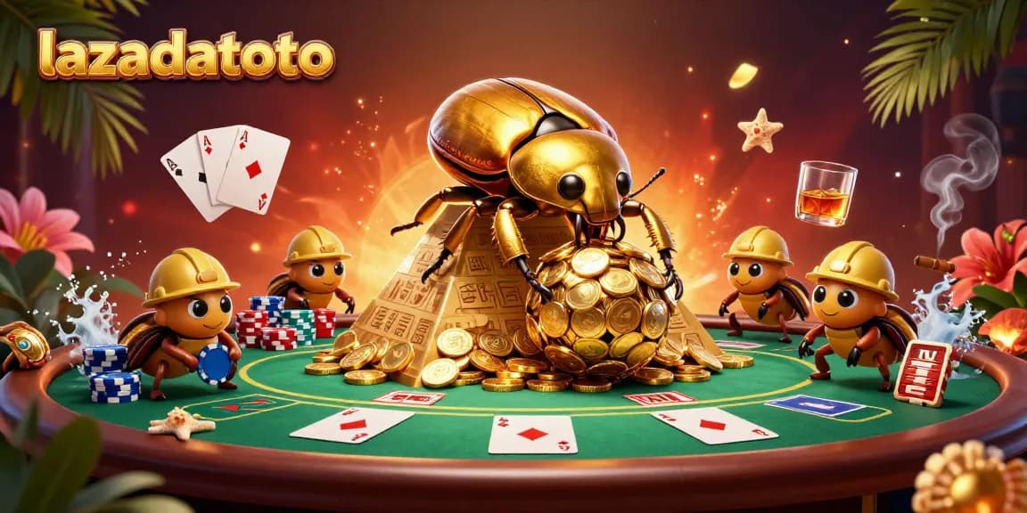 Lazadatoto showcases a golden dung beetle rolling coins with vibrant poker elements in a lively 3D scene.