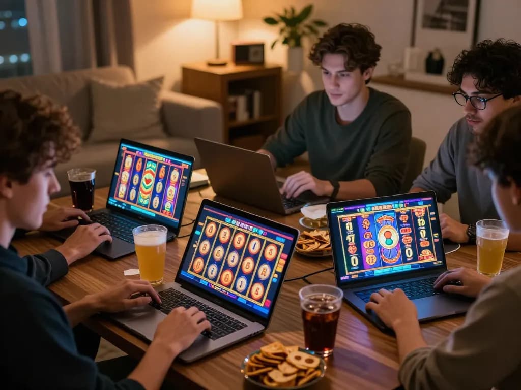 Pemain menikmati permainan slot online jalatogel di laptop, gulungan berwarna-warni, suasana yang nyaman