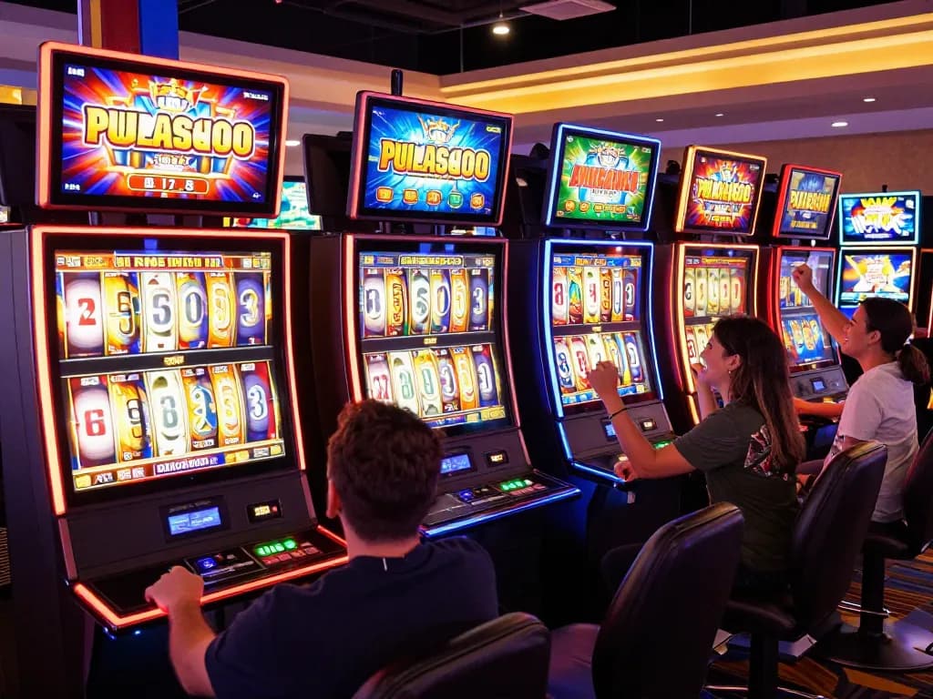 PULSASLOT players celebrating wins on colorful slot machines in vibrant online gaming area.