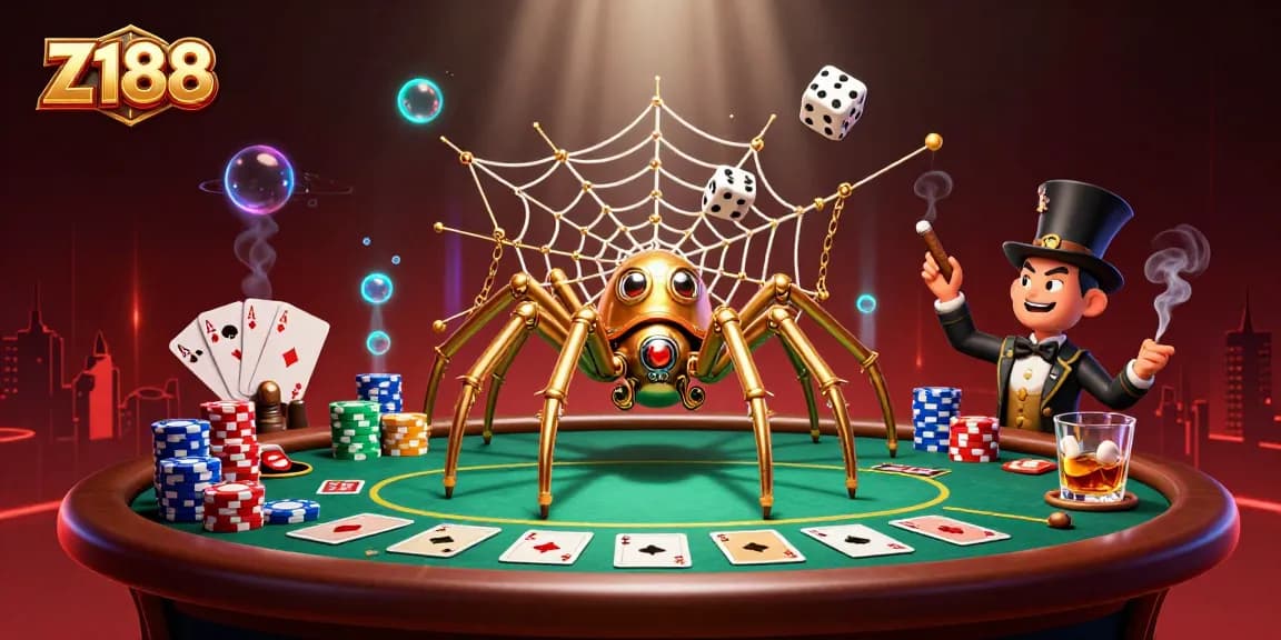 Engage with the Z188 casino experience as a steampunk spider captures dice in a vibrant gaming web.