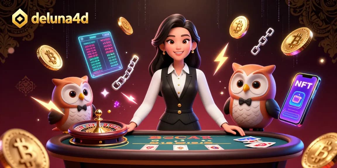 Engage with deluna4d, a dynamic 3D casino scene featuring a charming dealer and vibrant gaming elements.
