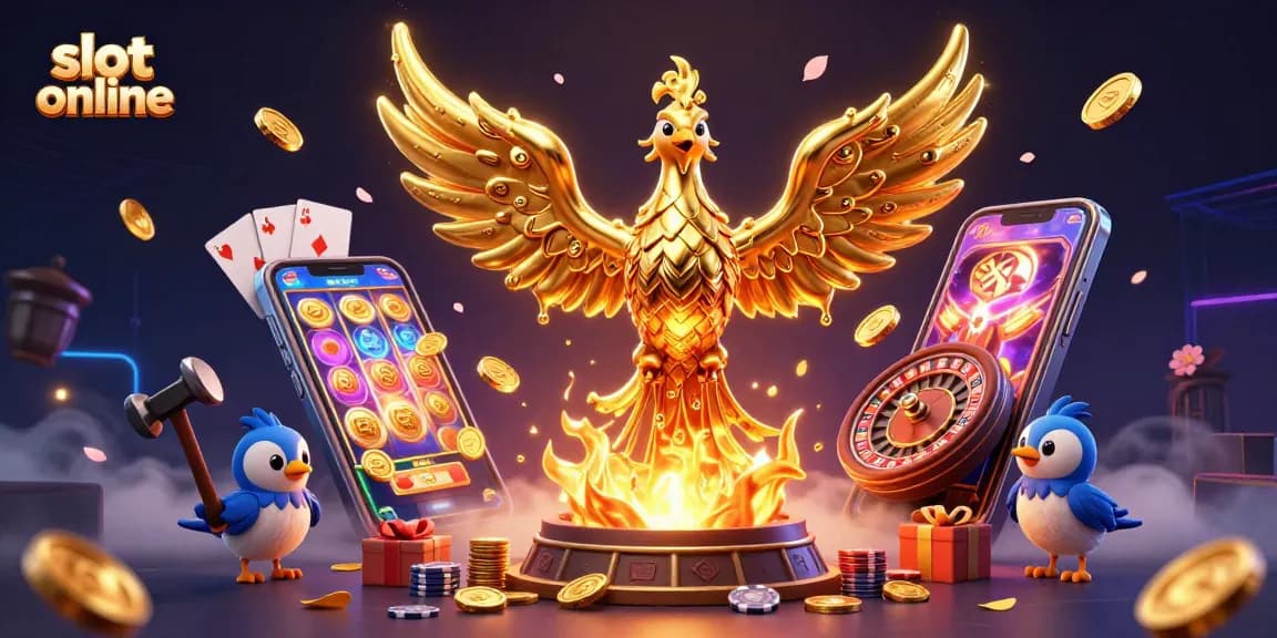 Mainkan slot online dengan ilustrasi 3D phoenix emas dan permainan slot yang dramatis di latar belakang.